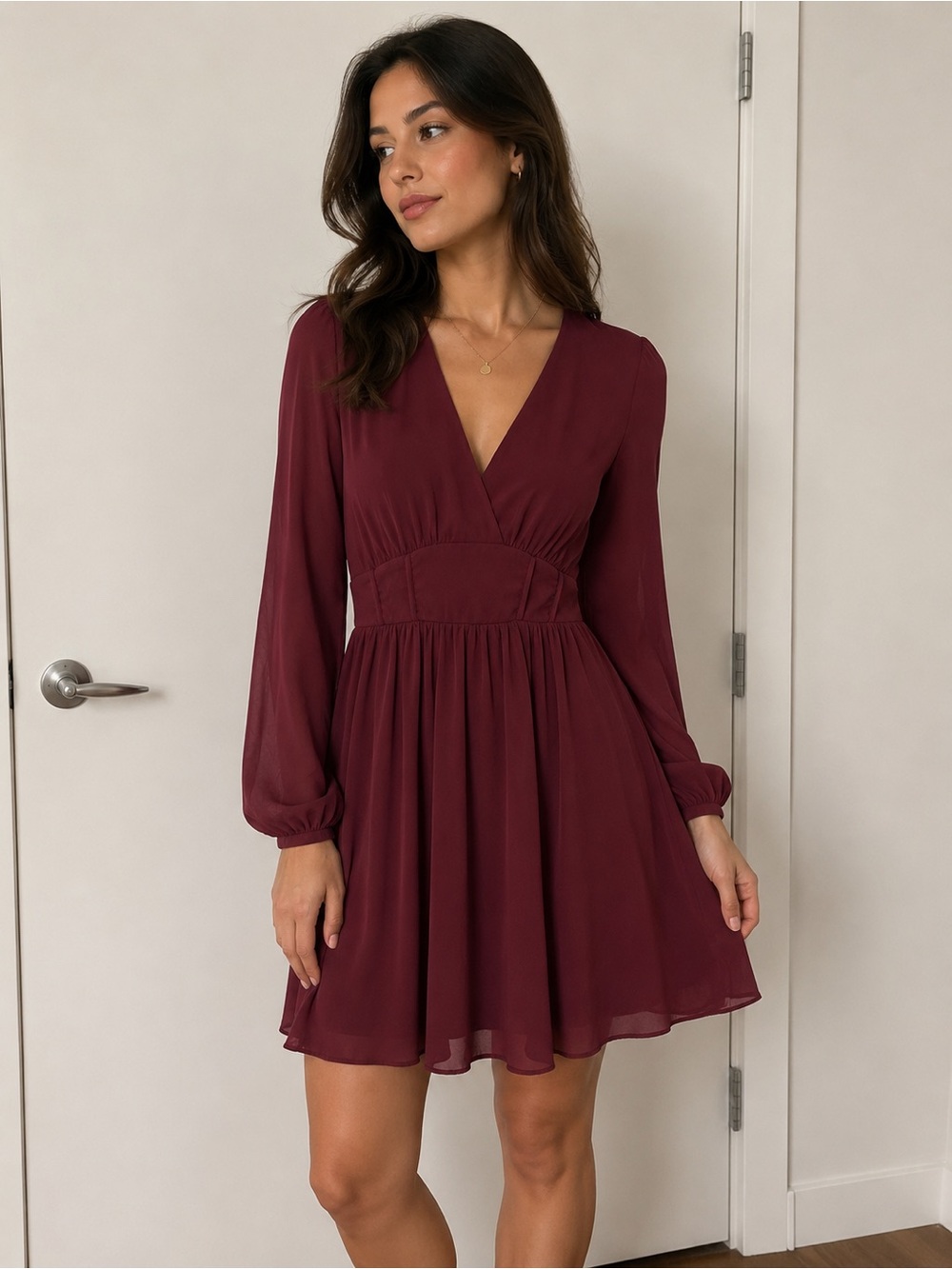 Dynamite Burgundy Long‑Sleeve Mini Dress – Size Small